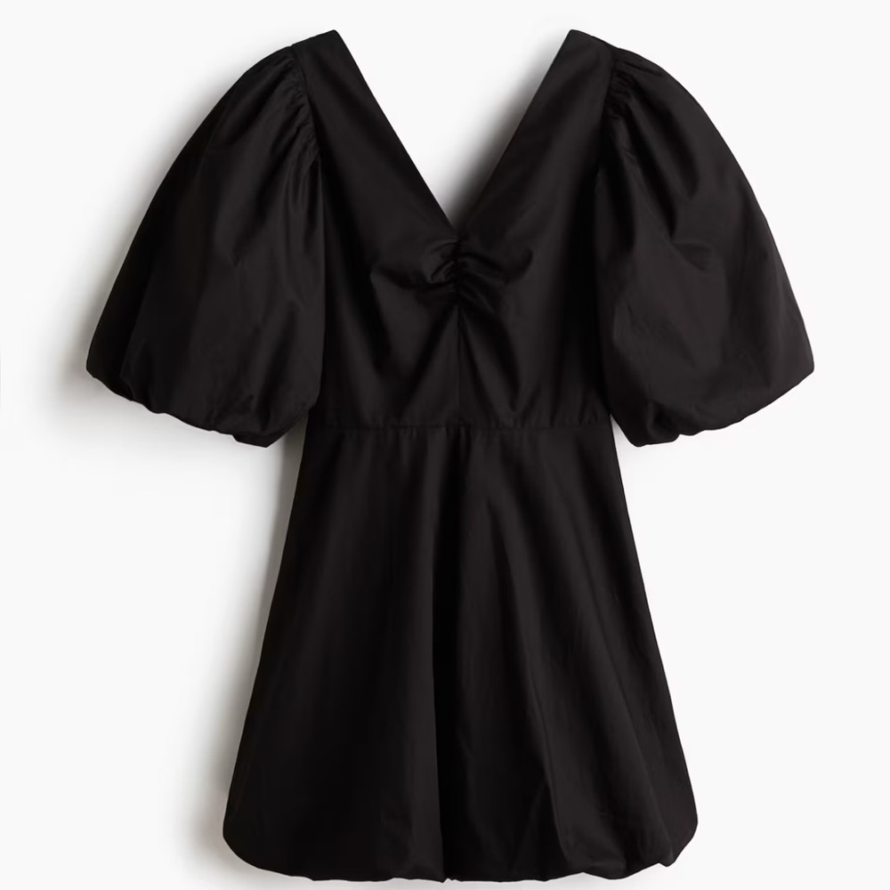 H&M Tie-Back Puffy Dress Black V-Neck Mini Dress NWOT size M